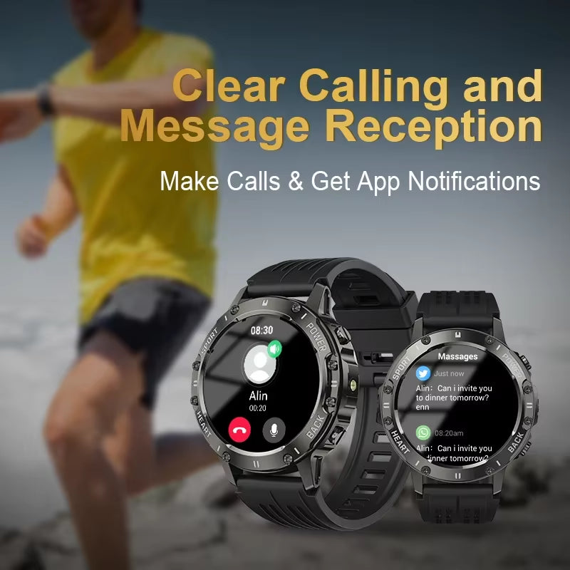 Outdoor Waterproof Smart Watch with Flashlight Health Monitoring Exercise Tracking Bluetooth Call Voice Assistant Android Apple