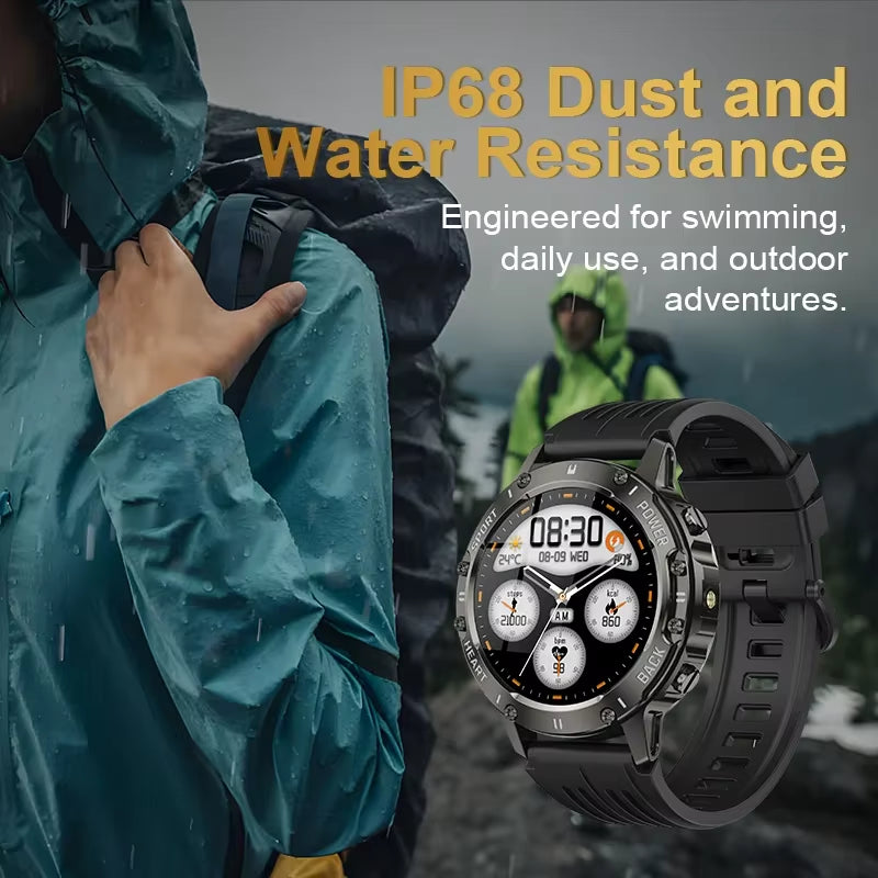 Outdoor Waterproof Smart Watch with Flashlight Health Monitoring Exercise Tracking Bluetooth Call Voice Assistant Android Apple