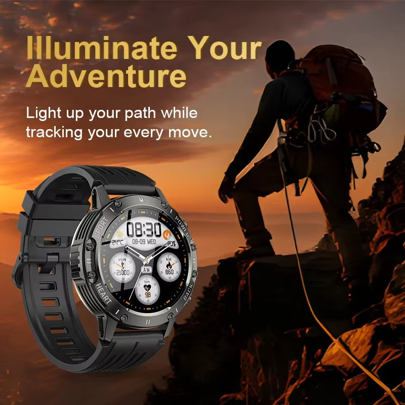 Outdoor Waterproof Smart Watch with Flashlight Health Monitoring Exercise Tracking Bluetooth Call Voice Assistant Android Apple